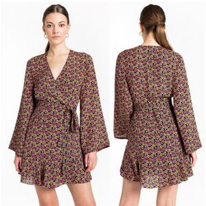 A.L.C. Whitney Bell Sleeve Silk Floral Wrap Dress Long Sleeve  in Pink Yellow